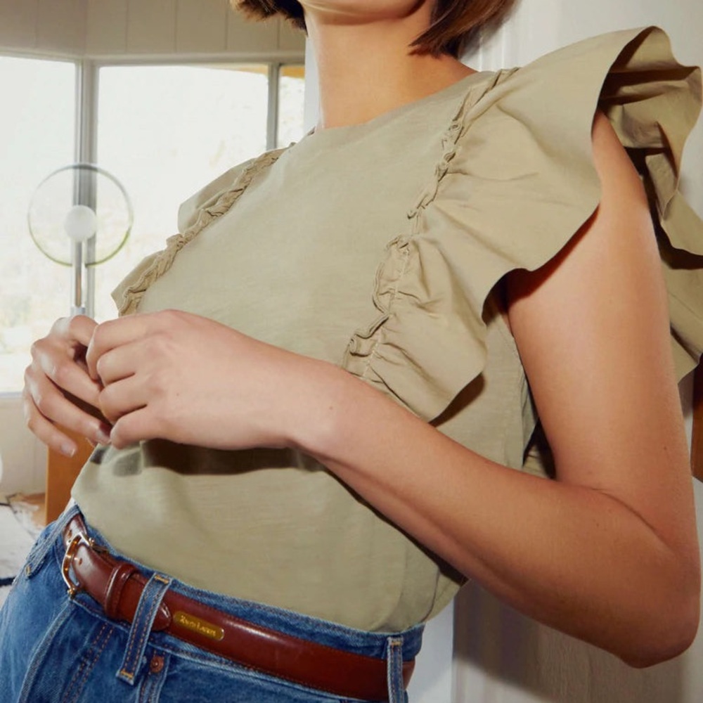 Nation LTD Para Green Boxy Ruffle Sleeve Tee